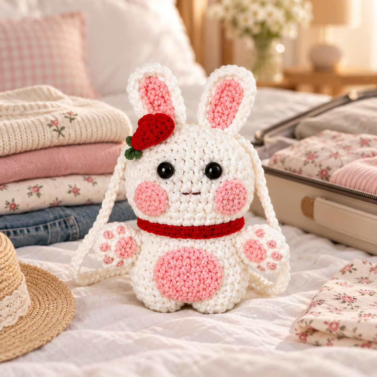 Handmade Crochet Bunny Drawstring Crossbody Bag